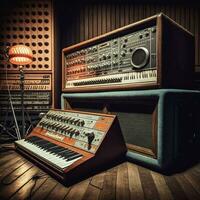 retro Synth Serenade, ein Jahrgang analog Synthesizer generativ ai foto