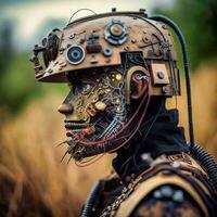 retrofuturistisch Cyborg wwi Soldat auf das Schlachtfeld generativ ai foto