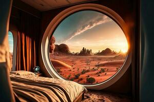 Schlafzimmer mit runden Fenster und Aussicht von Mars ai generiert Bild foto