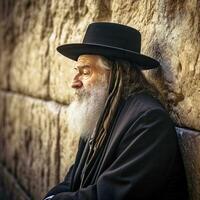 ein hasidisch Jude beten auf das Western Mauer im jerusalem generativ ai foto