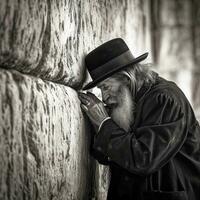 ein hasidisch Jude beten auf das Western Mauer im jerusalem generativ ai foto