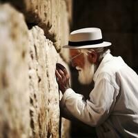 ein jüdisch Mann beten auf das Western Mauer im jerusalem generativ ai foto