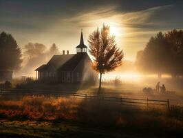 ein schön amisch Kirche im das amerikanisch Landschaft auf ein neblig Morgen, generativ ai foto