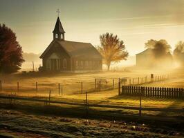 ein schön amisch Kirche im das amerikanisch Landschaft auf ein neblig Morgen, generativ ai foto
