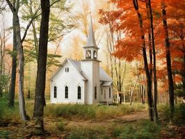 ein klein Weiß hölzern evangelisch Kirche im ein herbstlich amerikanisch Wald im Neu Hampshire generativ ai foto