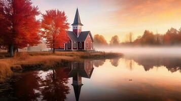 ein schön klein Weiß hölzern Kirche reflektieren im ein See im Herbst, schön rot Baum Farben, ein Licht Nebel generativ ai foto