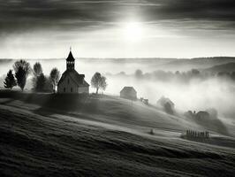 ein klein Kirche im das Landschaft auf ein nebelig Morgen mit schön Sonnenlicht im Vorderseite, schwarz und Weiß Foto generativ ai