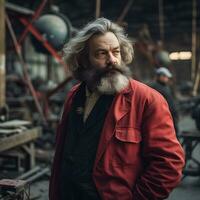 modern karl marx rot gekleidet Arbeiter im ai generiert Fabrik Szene foto