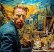 modern Porträt von Vincent van Gogh im seine Künstler Studio generativ ai foto
