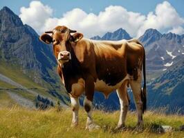 ai generiert Landschaft majestätisch Kuh Weiden lassen im das alp Berge foto