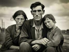 schwarz und Weiß Foto Erfassen das kämpft von ein Arm Familie während das großartig Depression generativ ai