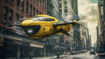 futuristisch fliegend Gelb Taxi hochfliegend Über Manhattan generativ ai foto