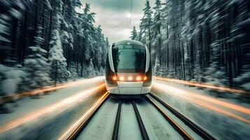 futuristisch Zug Reise durch gefroren Wald generativ ai foto