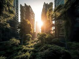 Wolkenkratzer und üppig Vegetation ein harmonisch Mischung von Natur und städtisch die Architektur generativ ai foto