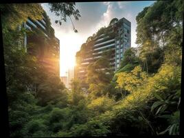 Wolkenkratzer und üppig Vegetation ein harmonisch Mischung von Natur und städtisch die Architektur generativ ai foto