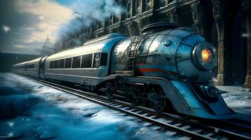 retrofuturistisch Steampunk Zug im hoch Geschwindigkeit Bewegung, Schnee, generativ ai foto