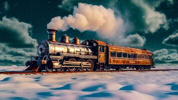 retrofuturistisch Steampunk Zug im hoch Geschwindigkeit Bewegung, Schnee, generativ ai foto