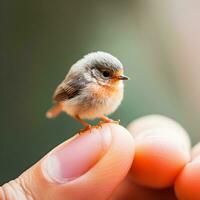 mikrokosmisch Harmonie generativ ai erfasst zart Vogel thront auf Finger foto