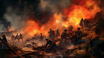 Einbruch der Dunkelheit Inferno generativ ai Krieg Szene foto