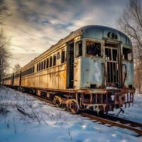 Einsamkeit im Schnee verlassen Zug inmitten des Winters Umarmung generativ ai foto