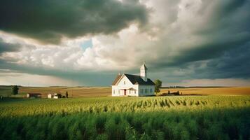 ein Weiß hölzern amerikanisch evangelisch Kirche im das Felder generativ ai foto