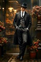 Eleganz neu definiert britisch inspiriert Gentleman im lange Mantel und Hut generativ ai foto