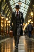Eleganz neu definiert britisch inspiriert Gentleman im lange Mantel und Hut generativ ai foto