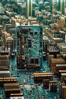 künstlich Intelligenz Stadtbild städtisch Miniatur auf Schaltkreis Tafel foto