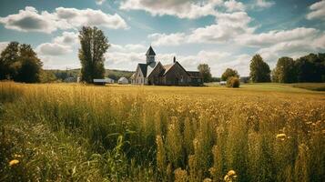 ein heiter Sommer- glühen ein evangelisch Kirche inmitten malerisch Felder generativ ai foto