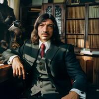 rene Descartes modern Philosoph und Unternehmer im elegant Kleidung foto