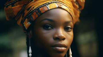 afrikanisch Schönheit anmutig Porträt von ein jung schwarz Frau mit bunt Kopftuch generativ ai foto