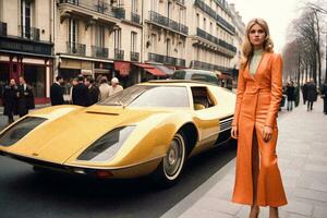 gelassen Eleganz 70er Jahre Pariser Schönheit mit Gelb Sport Auto generativ ai foto