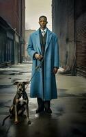 elegant schwarz Mann mit amerikanisch Stil Mantel und groß Hund generativ ai foto