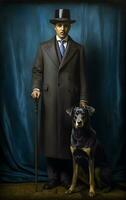 elegant schwarz Mann mit amerikanisch Stil Mantel und groß Hund generativ ai foto