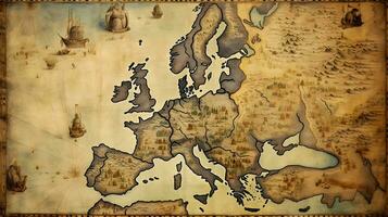mittelalterlich Karte von Europa auf alt Pergament generativ ai Kunst foto