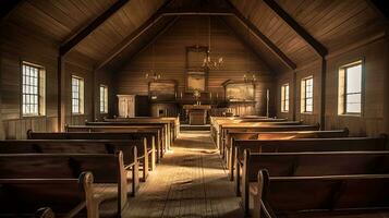 Innere von ein amerikanisch amisch Kirche generativ ai foto