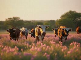 majestätisch Longhorn Weiden lassen im üppig violett Wiese generativ ai foto