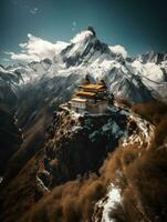 majestätisch Tempel oben auf schneebedeckt Berg - - generativ ai foto