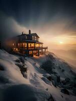 Bergspitze Luxus generativ ai schafft ein atemberaubend schneebedeckt Gipfel Zuhause foto