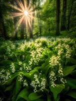 zauberhaft Lilie von das Senke im ein sonnendurchflutet Fee Wald. generativ ai. foto