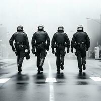 schwarz und Weiß randalieren Polizei skizzieren auf Weiß Hintergrund. generativ ai. foto