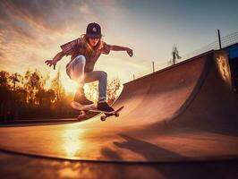 Teen Skater beim Sonnenuntergang im ein generativ KI-verbessert Skatepark foto