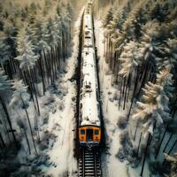 Antenne Aussicht von ein alt Zug im ein gefroren Winter Wald. generativ ai. foto