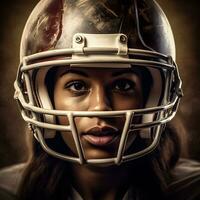 dynamisch Porträt von ein schön amerikanisch weiblich Fußball Spieler mit Helm. generativ ai. foto
