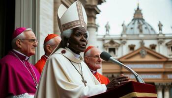 störend Feminismus schwarz Mädchen Papst beim Vatikan Balkon. generativ ai. foto