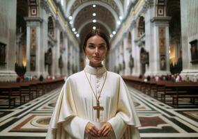 Porträt von ein schön jung Frau wie das Neu Papst. generativ ai. foto