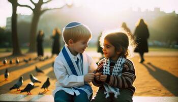 Titel jüdisch und palästinensisch Kinder Symbole von Freundschaft, Frieden, und Versöhnung. generativ ai. foto