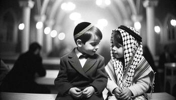 Titel jüdisch und palästinensisch Kinder Symbole von Freundschaft, Frieden, und Versöhnung. generativ ai. foto