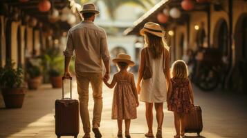 glücklich Familie mit Gepäck beim das Zug Bahnhof. Reisen mit Kinder Konzept. foto