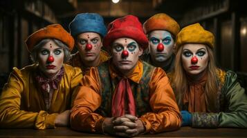 Porträt von ein Gruppe von ernst Clowns Sitzung zusammen. foto